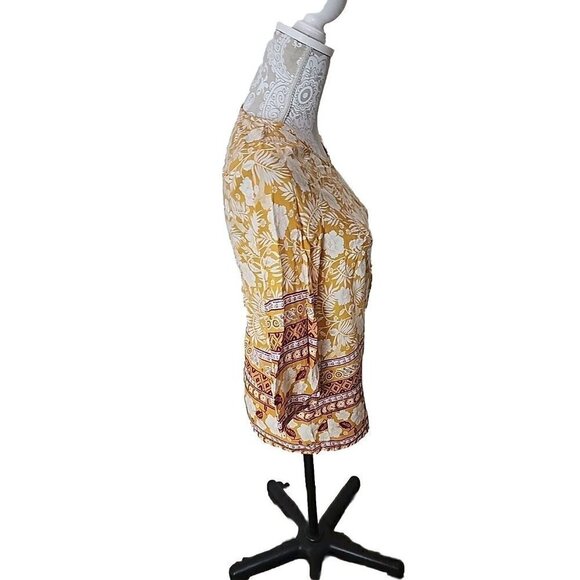 Emery Rose Floral 3/4 Sleeve W/ Birds Boho Top. Gold And Cream. Medium - Picture 8 of 9